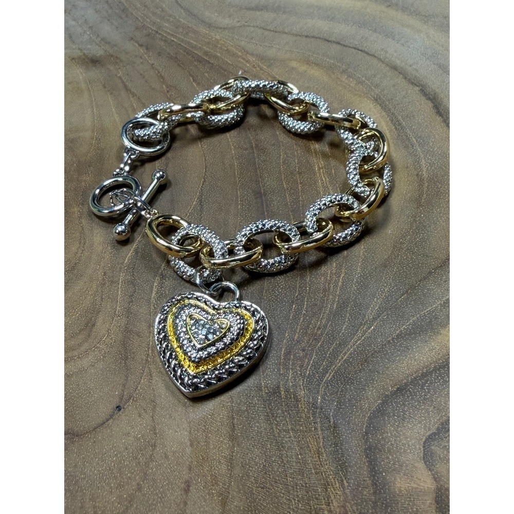 Two Tone‎ Chunky Chain Link Heart Charm Bracelet Silver Gold Toggle Clasp 8.5in